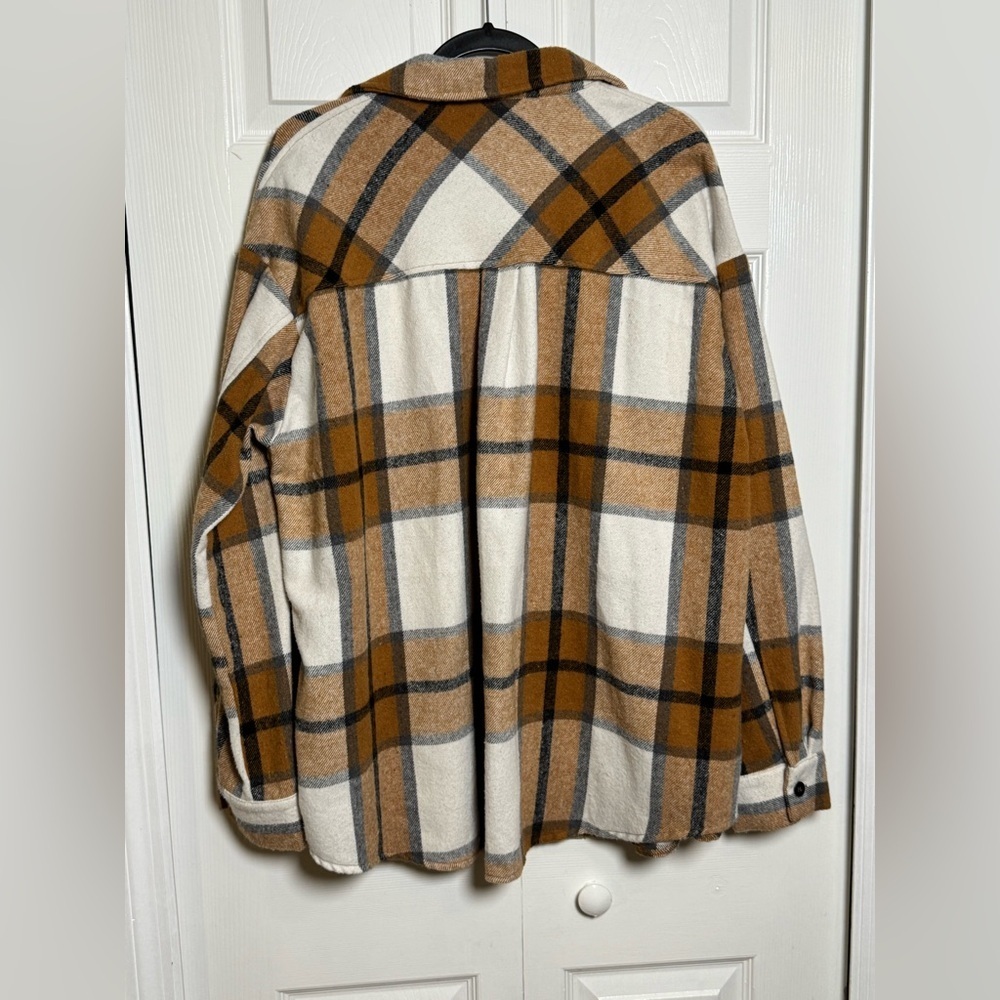 Automet XL Plaid Shacket Jacket Brown Cream Button Front Oversized Flannel - Picture 7 of 10